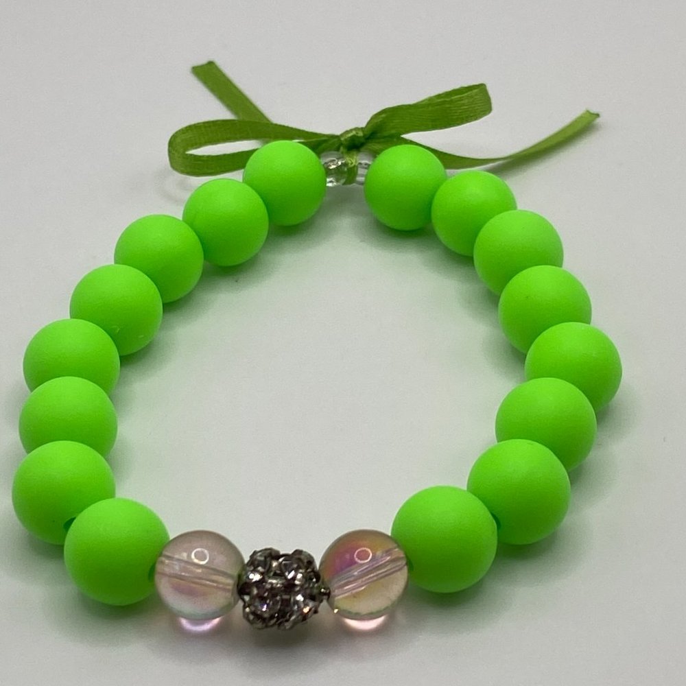 Neon Green Children's Bling Thin Ribbon Bracelet and Earrings(Touched…